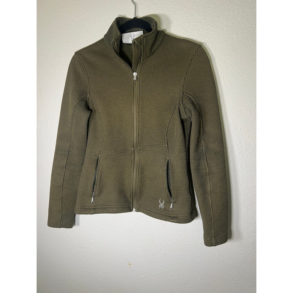 Spyder Core Sweater Jacket S Olive Green Zip Active Ribbed Knit Gorpcore Ski